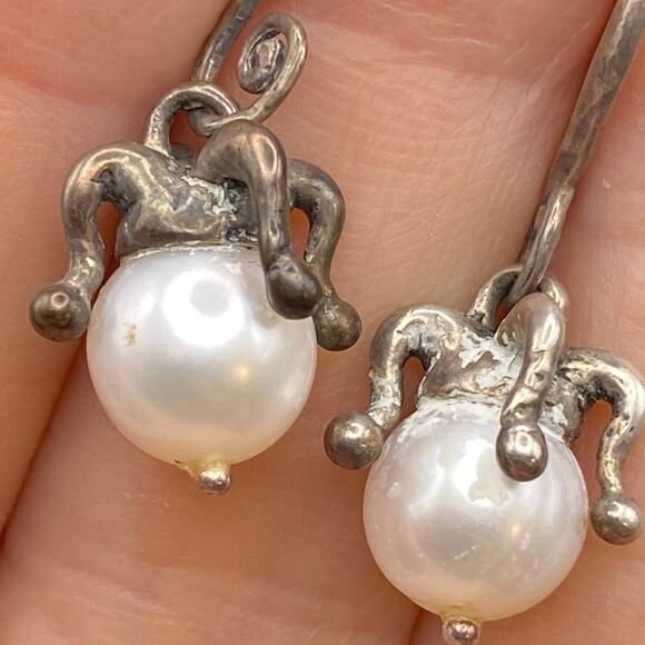 Vintage Sterling Silver Pearl Court Jester Hat Earrings Dangle Drop Unique - Picture 2 of 8